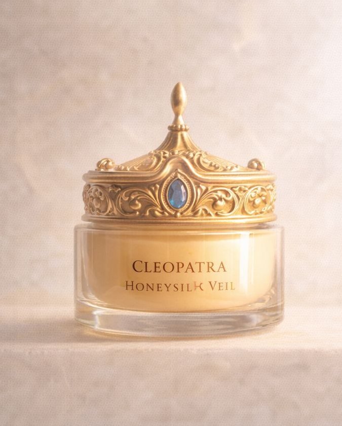 Cleopatra Honeysilk Veil in a gilded crown-topped jar.
