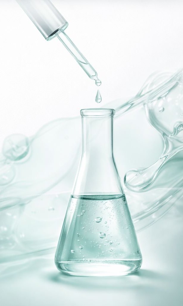 A pipette releasing a single drop into a laboratory flask of clear serum.