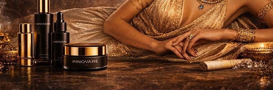 The Royal Rituals collection in gold and obsidian glass, styled against Egyptian gold.