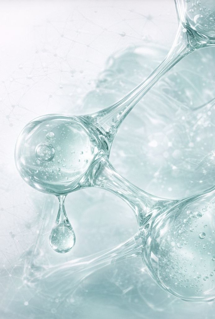 Suspended droplets of clear serum forming a molecular chain.